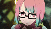 a girl with pink hair and glasses is smiling and looking at the camera