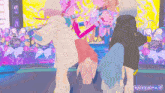 a group of anime characters are dancing in front of a screen with chinese writing