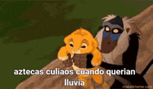 a cartoon of a lion and a baboon with the words aztecas culiaos cuando querian lluvia below them
