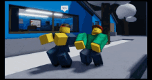 two roblox characters are dancing in front of a blue building with a yes sign above them
