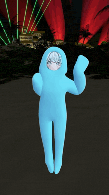 a person in a blue suit with a white haired girl on it
