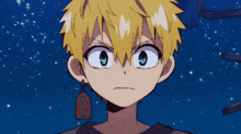 a cartoon character with yellow hair and blue eyes has a tag around his neck that says ' i love you ' on it