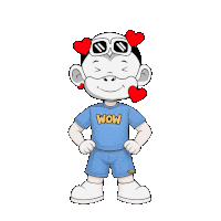 a cartoon character wearing sunglasses and a blue wow shirt