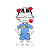 a cartoon character wearing sunglasses and a blue wow shirt