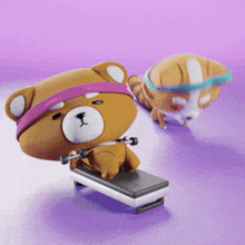 a teddy bear is lifting a dumbbell on a treadmill while a cat watches