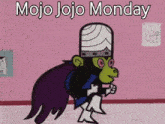 mojo jojo monday is written on a pink background with a monkey in a cape