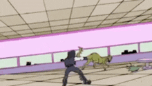 a cartoon of a woman fighting a monster in a store .
