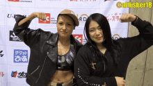 two women are posing for a picture in front of a wall that says convenience on it