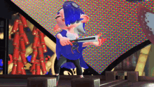a video game character is holding a gun and dancing