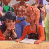 a group of cartoon characters are sitting around a table and one of them is covering her mouth with her hands .