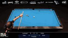 a pool table with the us open bank pool championship on the screen