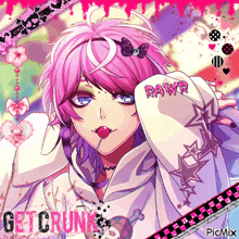 a picture of a girl with pink hair and the word rawr written on her arm