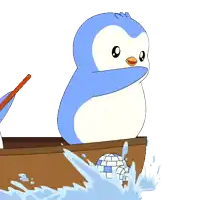 a blue and white penguin is sitting in a boat with a paddle