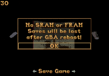 a screenshot of a game that says no sram or fram