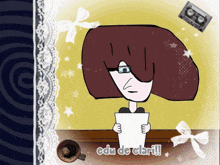 a cartoon of a woman holding a piece of paper with the words edu de clari written on the bottom