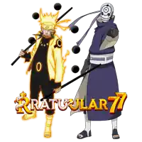 naruto and obito are standing next to each other in front of a logo that says rratuular 77