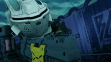 a robot is standing in front of a container with the number 27 on it