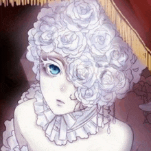 a girl with white roses in her hair and a collar .