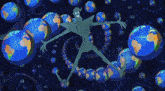 a cartoon character is surrounded by planets in a dark space