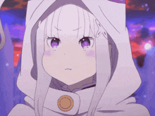a girl with white hair and purple eyes is wearing a hood