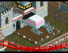 an isometric view of a roller coaster with a building that says black hole on top