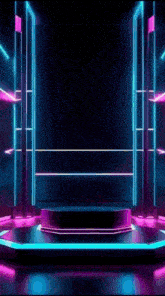 a stage with purple and blue lights and confetti