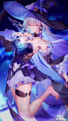 a girl with long white hair is wearing a witch hat and holding a sword .