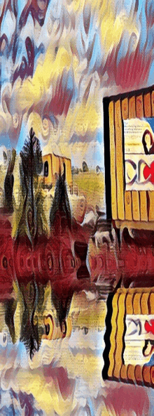 a colorful painting of a landscape with a reflection of a building in the water