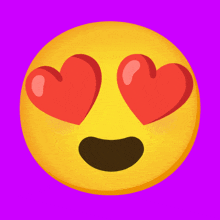 a yellow smiley face with red hearts in its eyes on a purple background