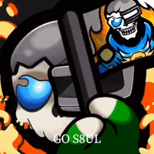 a cartoon of a skull holding a gun with the words go s8ul on the bottom
