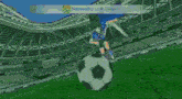 a soccer player is kicking a ball in a stadium with a sign that says nationality link japan
