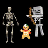 a skeleton a gingerbread man and a skeleton with a bow and arrow