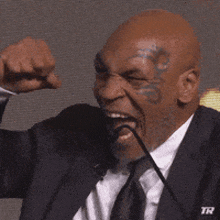 a man in a suit and tie is speaking into a microphone with his fist in the air .