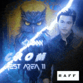 a poster for crom forest area 11 with an owl and a man