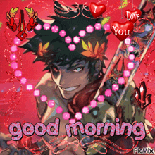 a picture of a man with hearts and the words " good morning " on it