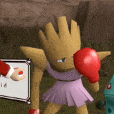 a cartoon character wearing red boxing gloves and a purple skirt