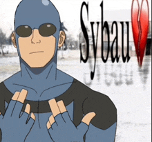 a cartoon of a man wearing sunglasses and a scuba suit with the word sybau in the background