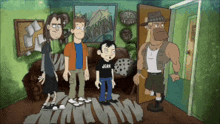 a group of cartoon characters are standing in a living room and one of them is wearing a black shirt that says jerk