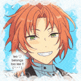 a drawing of a boy with red hair and green eyes with the words leo belongs too lee