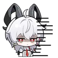 a cartoon character with horns and white hair is sitting down with a serious look on his face .