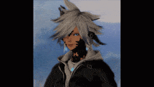 a girl with white hair and a black jacket has a necklace with a blue pendant on it