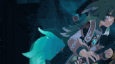 a cartoon character with green hair and wings is standing in a dark room .