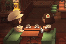 two cartoon characters are sitting at a table with cups of coffee