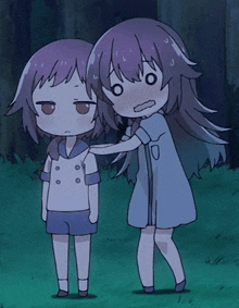 a cartoon of a girl putting her hand on another girl 's neck