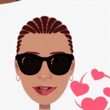 a woman wearing sunglasses and earrings with hearts around her