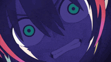 a close up of a person 's face with purple eyes and a tongue sticking out