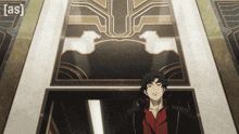 a man in a red shirt is standing in front of a wall that says ' as '