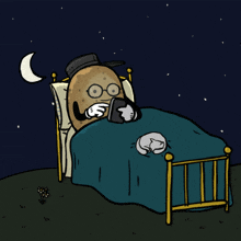a cartoon of a potato laying in a bed looking at a tablet