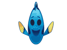 a cartoon drawing of a blue fish with yellow fins and a smiling face