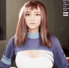 a woman with long brown hair is wearing a blue sweater and white top .